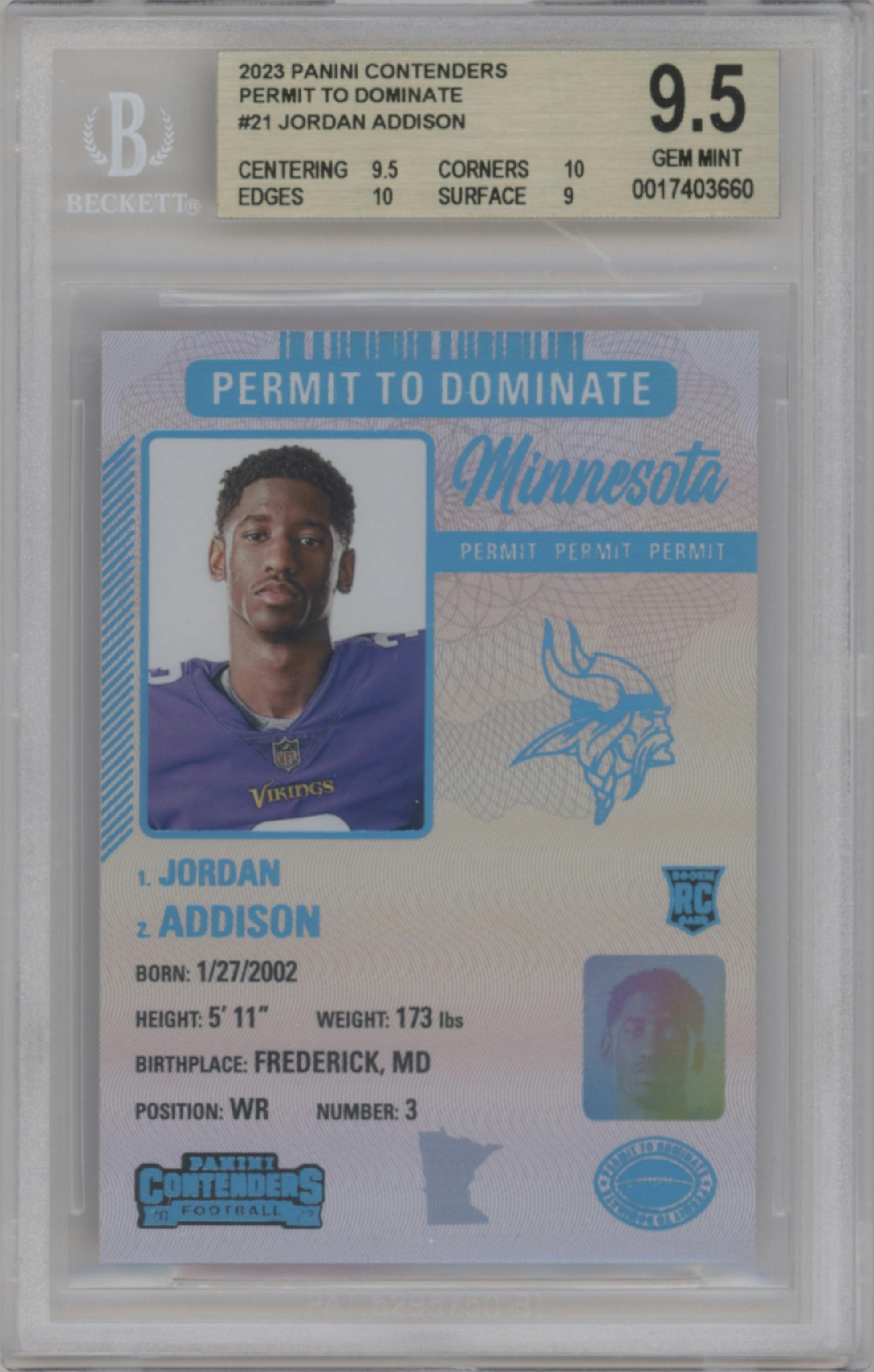 Jordan Addison from the 2023 Panini Contenders set graded by Beckett and given an overall grade of 9.5.