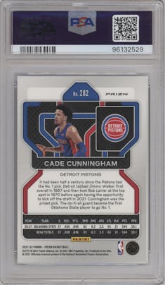 Cade Cunningham from the 2021-22 Panini Prizm  set featuring a Blue NBA 75th Prizm parallel graded by PSA and given an overall grade of 10.