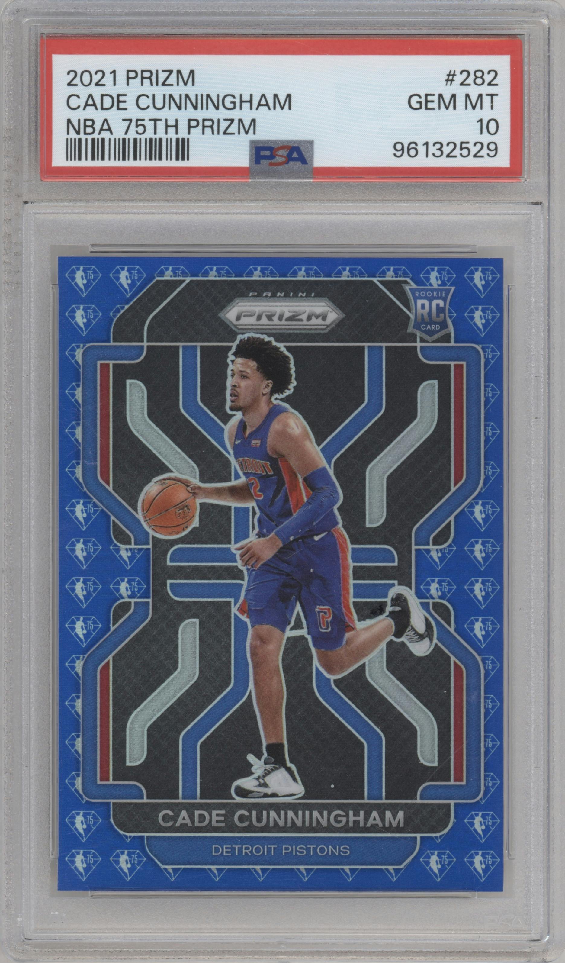 Cade Cunningham from the 2021-22 Panini Prizm  set featuring a Blue NBA 75th Prizm parallel graded by PSA and given an overall grade of 10.