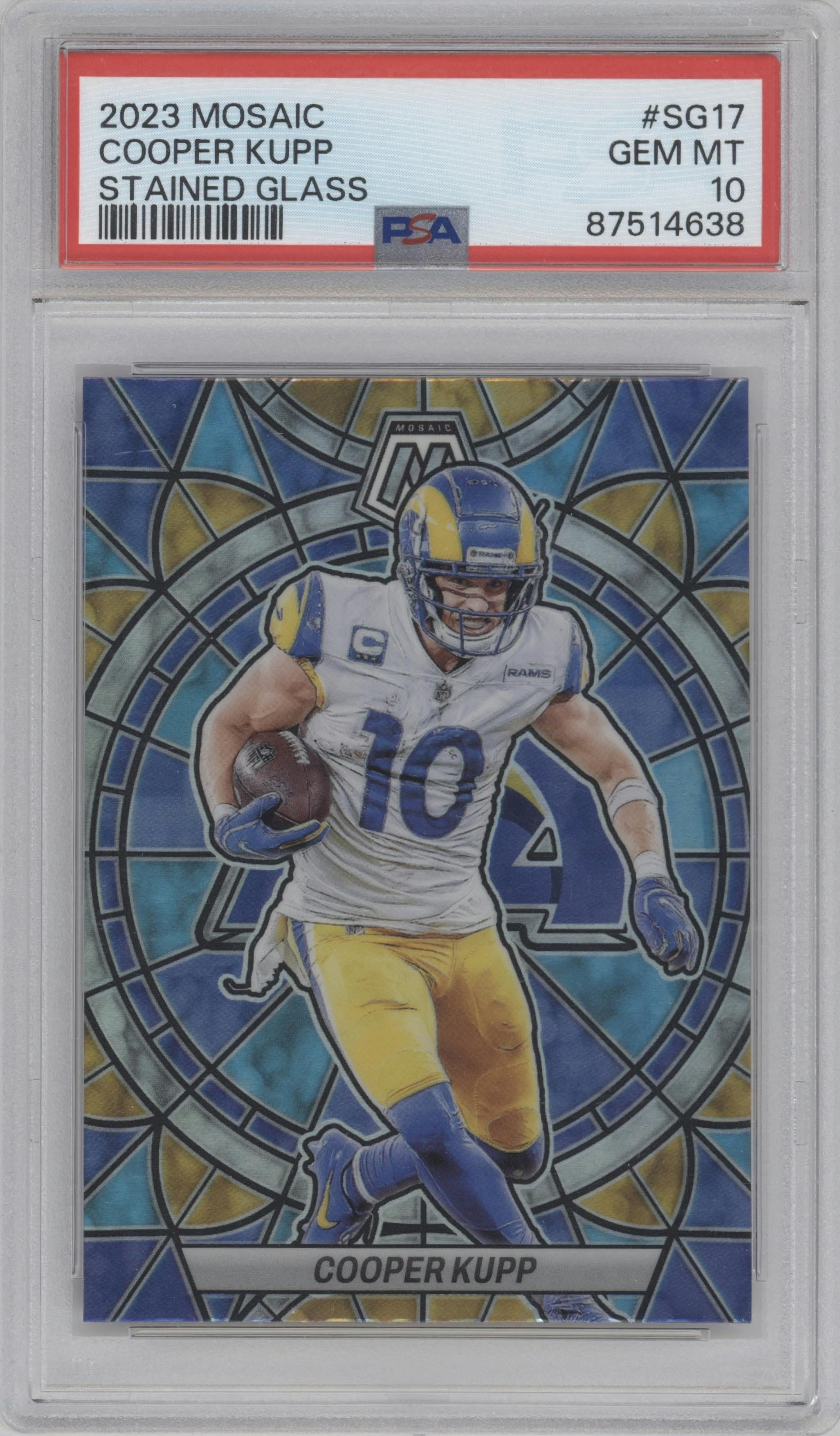 Cooper Kupp from the 2023 Panini Mosaic set graded by PSA and given an overall grade of 10.