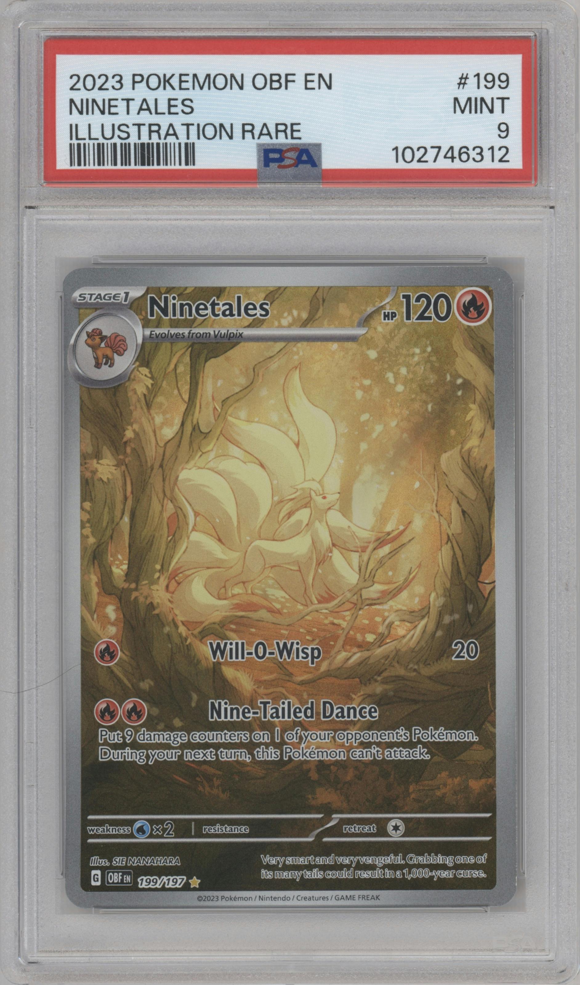 Ninetales from the 2023 Pokemon SV set graded by PSA and given an overall grade of 9.