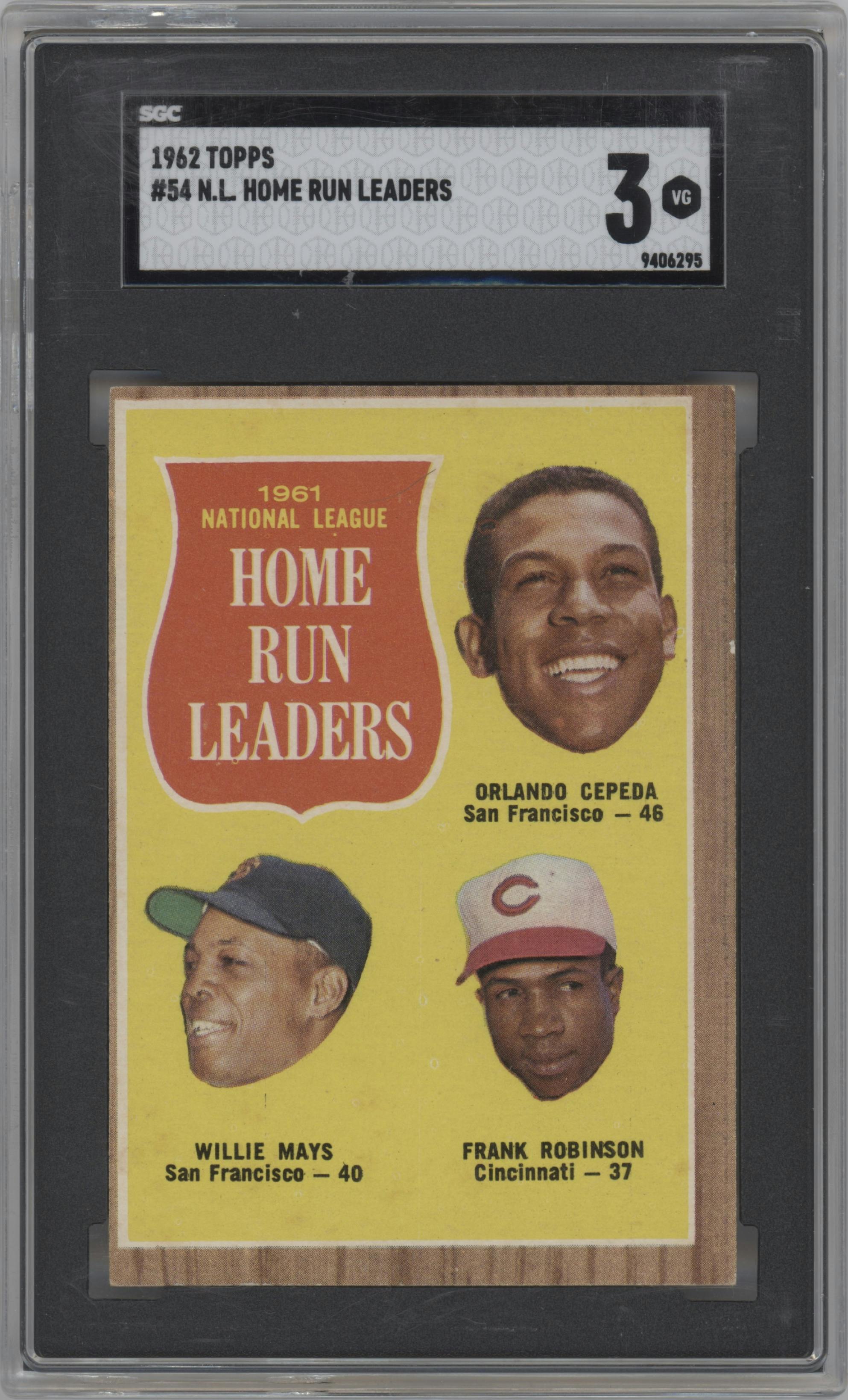 Orlando Cepeda/Willie Mays/Frank Robinson from the 1962 Topps set graded by SGC and given an overall grade of 3.