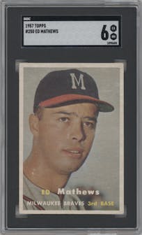 Eddie Mathews from the 1957 Topps set graded by SGC and given an overall grade of 6.