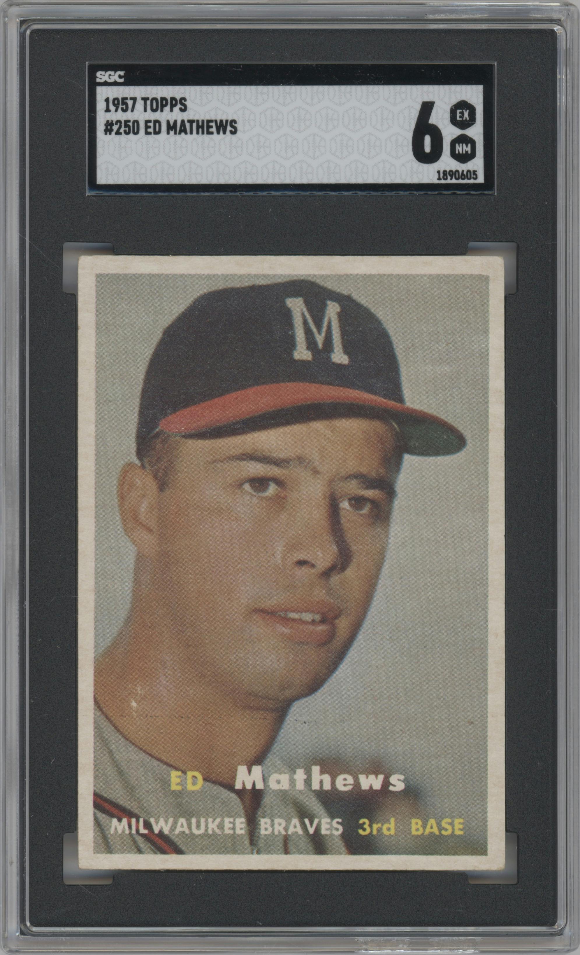 Eddie Mathews from the 1957 Topps set graded by SGC and given an overall grade of 6.
