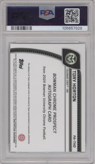 Tory Horton from the 2024 Bowman Chrome University set featuring a Red Refractor parallel graded by PSA and given an overall grade of 10.