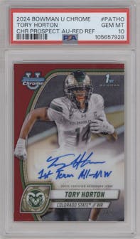 Tory Horton from the 2024 Bowman Chrome University set featuring a Red Refractor parallel graded by PSA and given an overall grade of 10.
