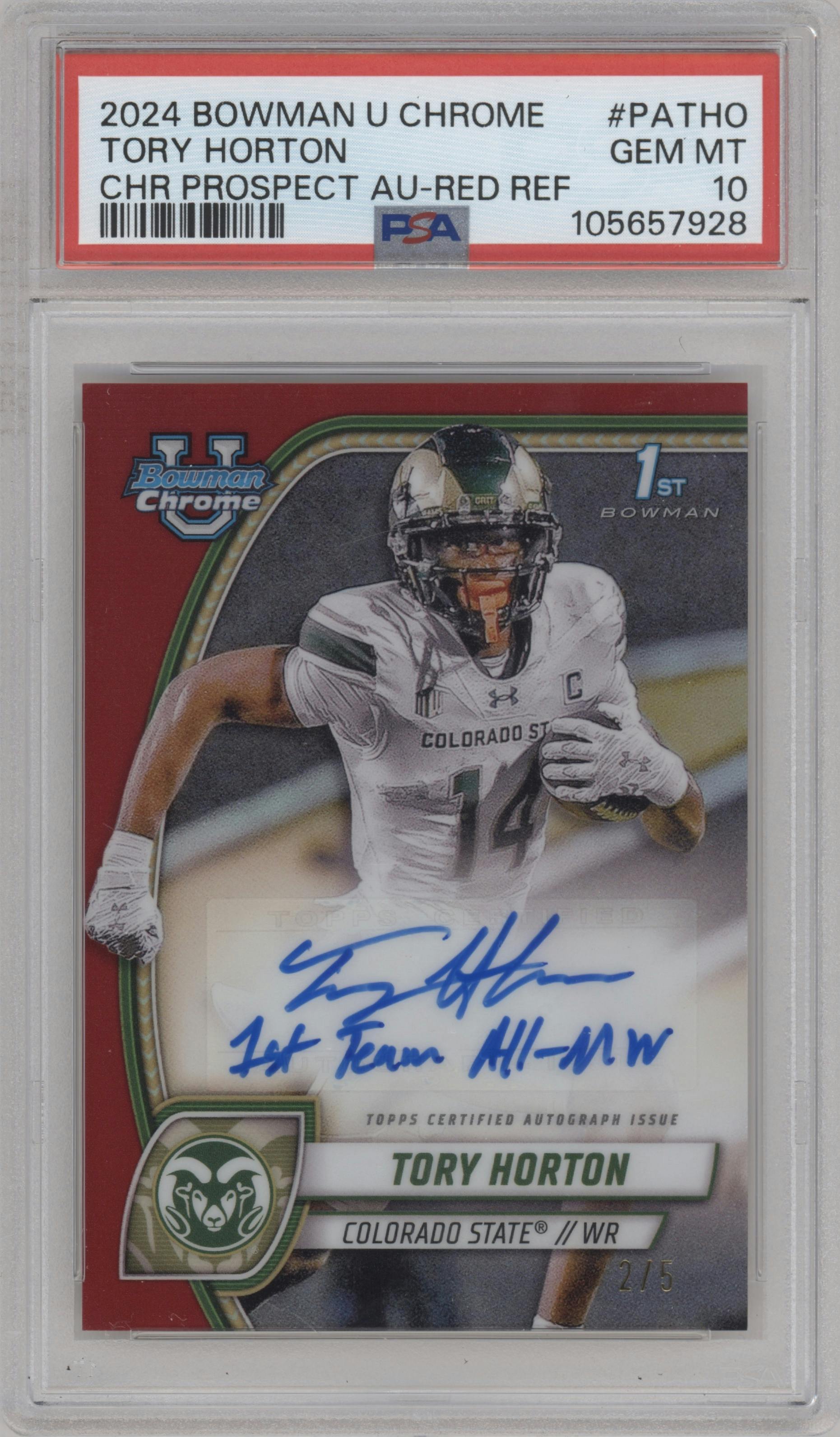 Tory Horton from the 2024 Bowman Chrome University set featuring a Red Refractor parallel graded by PSA and given an overall grade of 10.