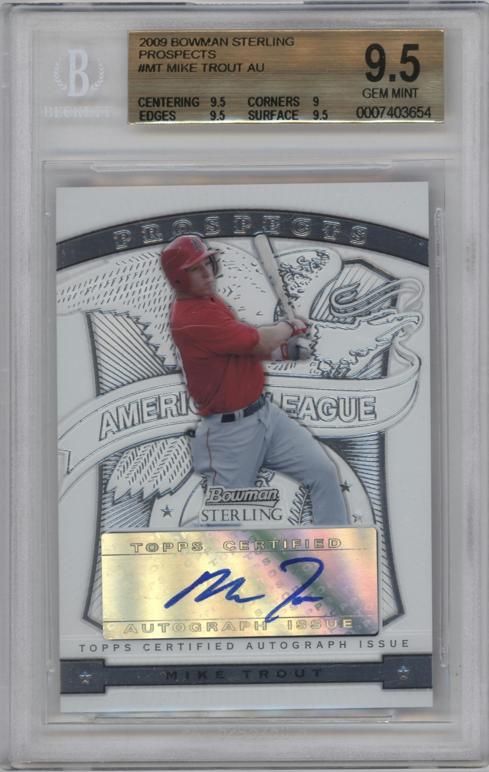 Mike Trout from the 2009 Bowman Sterling set graded by Beckett and given an overall grade of 9.5.
