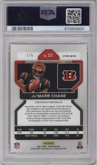 Ja'Marr Chase from the 2021 Panini Prizm set featuring a Gold Vinyl parallel graded by PSA and given an overall grade of 9.