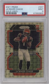 Ja'Marr Chase from the 2021 Panini Prizm set featuring a Gold Vinyl parallel graded by PSA and given an overall grade of 9.