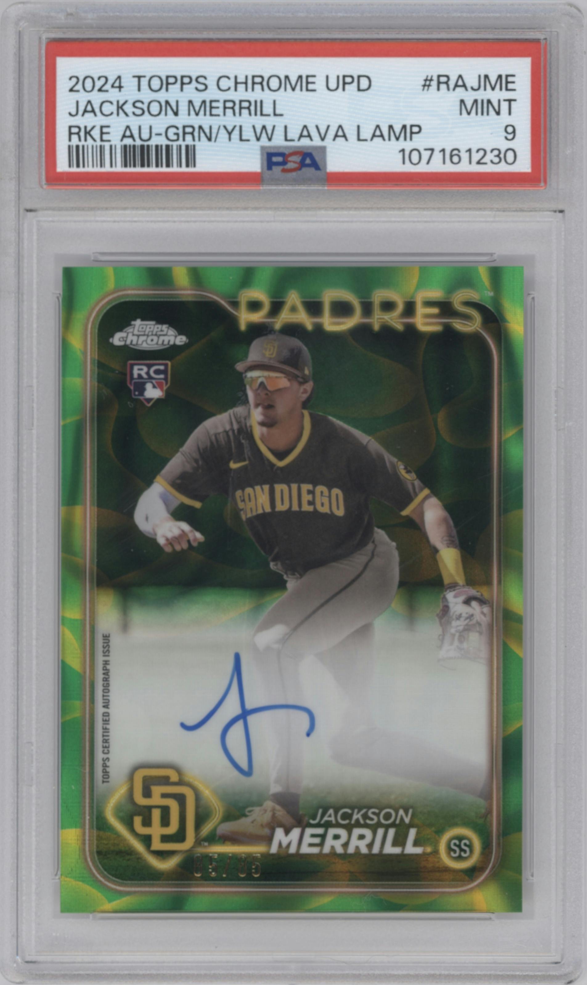Jackson Merrill from the 2024 Topps Chrome Update set featuring a Lava Lamp Green/Yellow Refractors parallel graded by PSA and given an overall grade of 9.