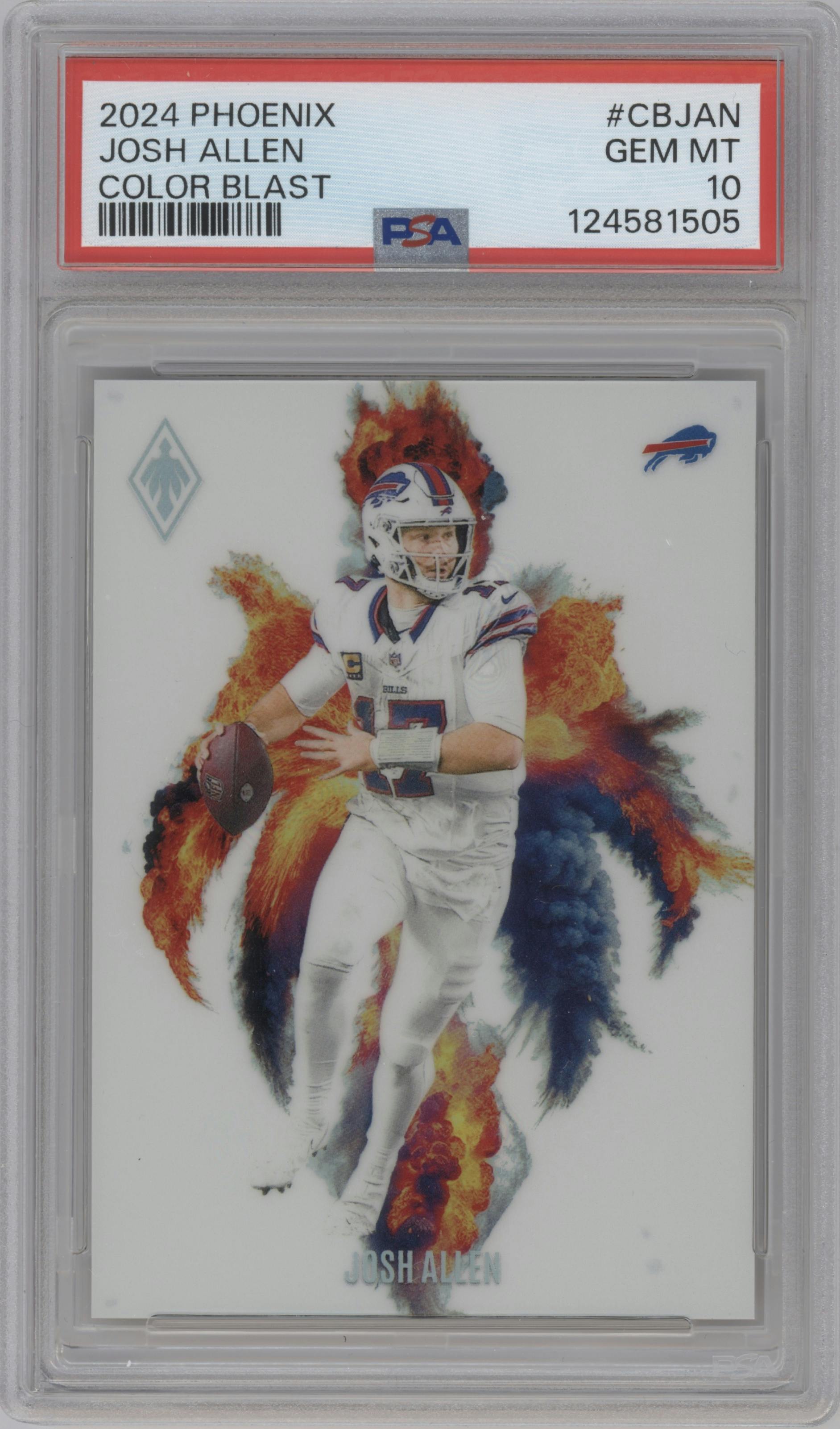 Josh Allen from the 2024 Panini Phoenix set graded by PSA and given an overall grade of 10.