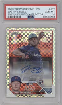 Justin Steele from the 2023 Topps Chrome Update set featuring a X-Fractor parallel graded by PSA and given an overall grade of 10.