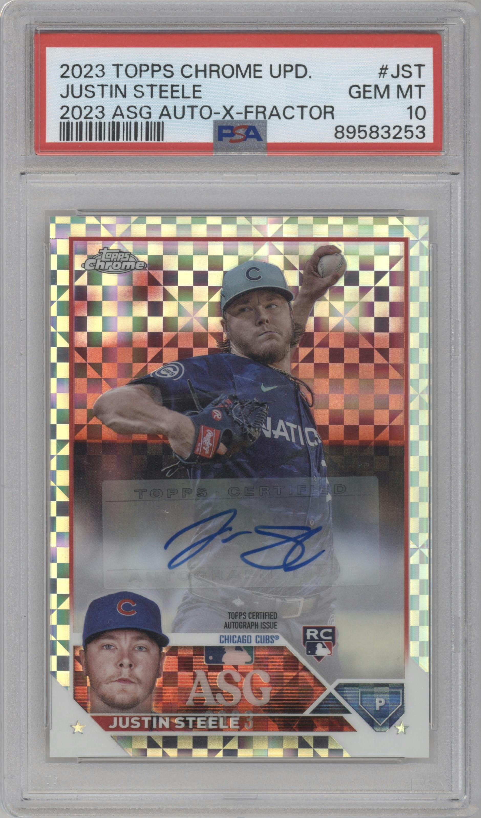 Justin Steele from the 2023 Topps Chrome Update set featuring a X-Fractor parallel graded by PSA and given an overall grade of 10.