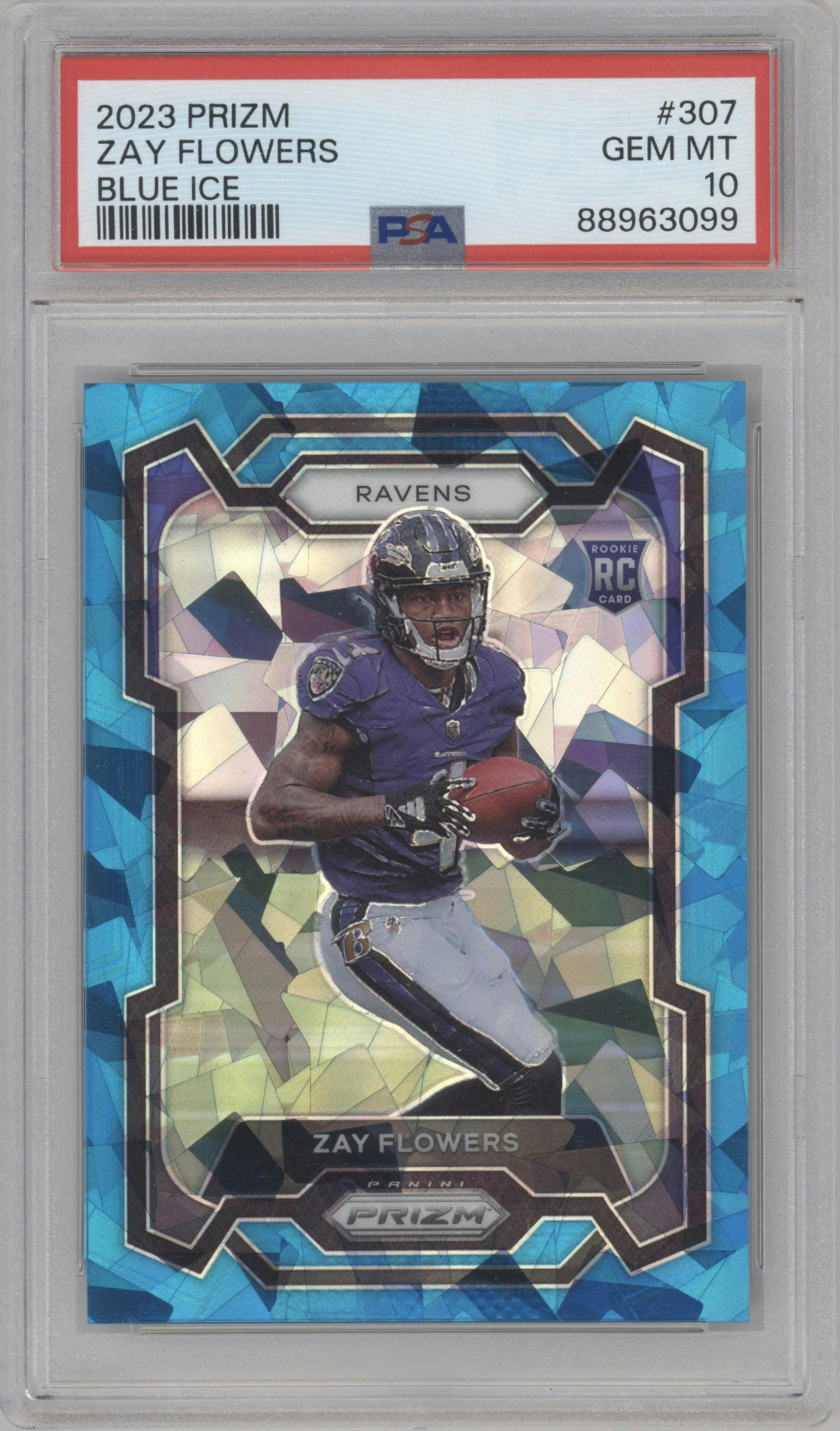 Zay Flowers  from the 2023 Panini Prizm set featuring a Blue Ice parallel graded by PSA and given an overall grade of 10.