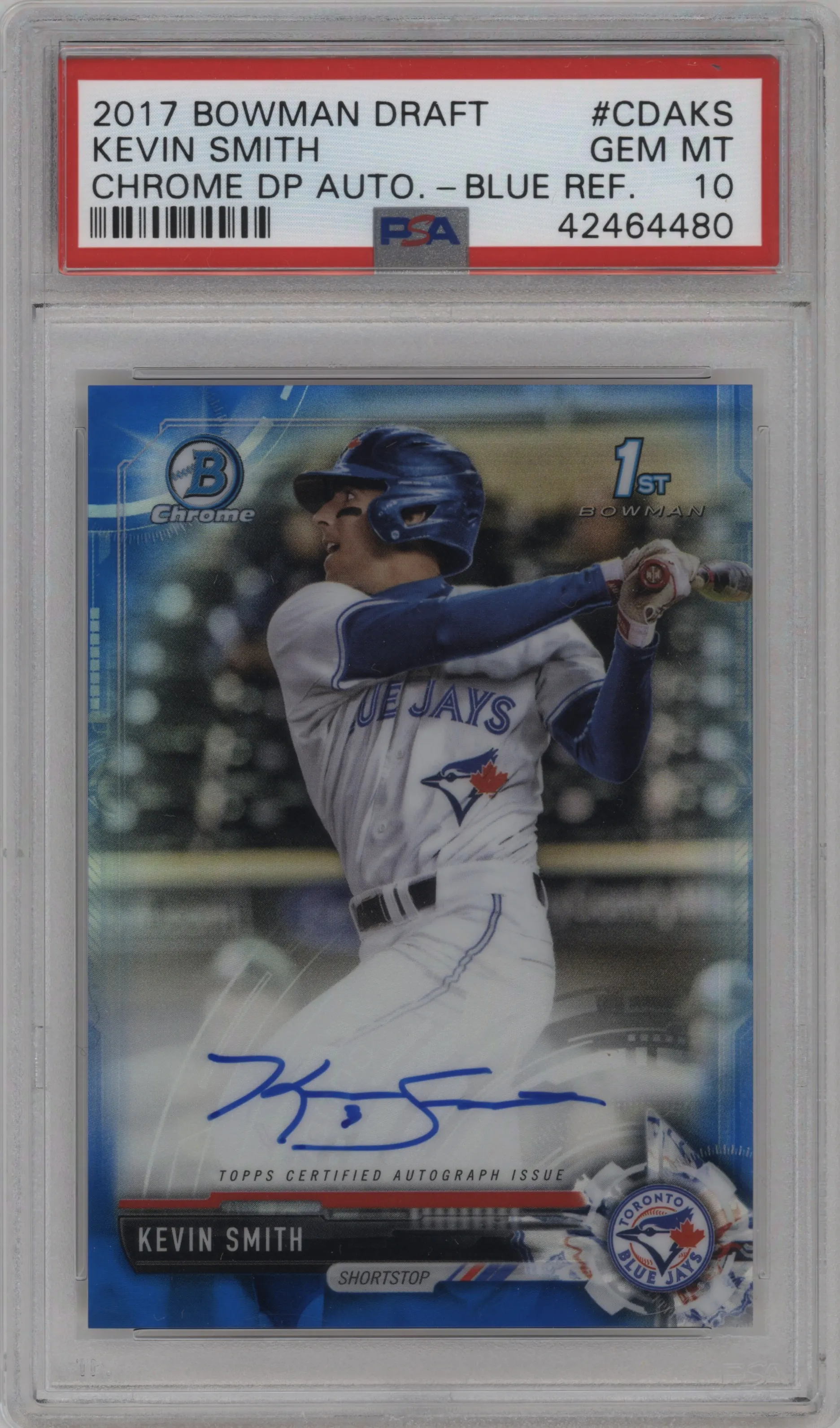 2017 Bowman Draft Chr. DP Auto Kevin Smith Blue Refractor PSA 10