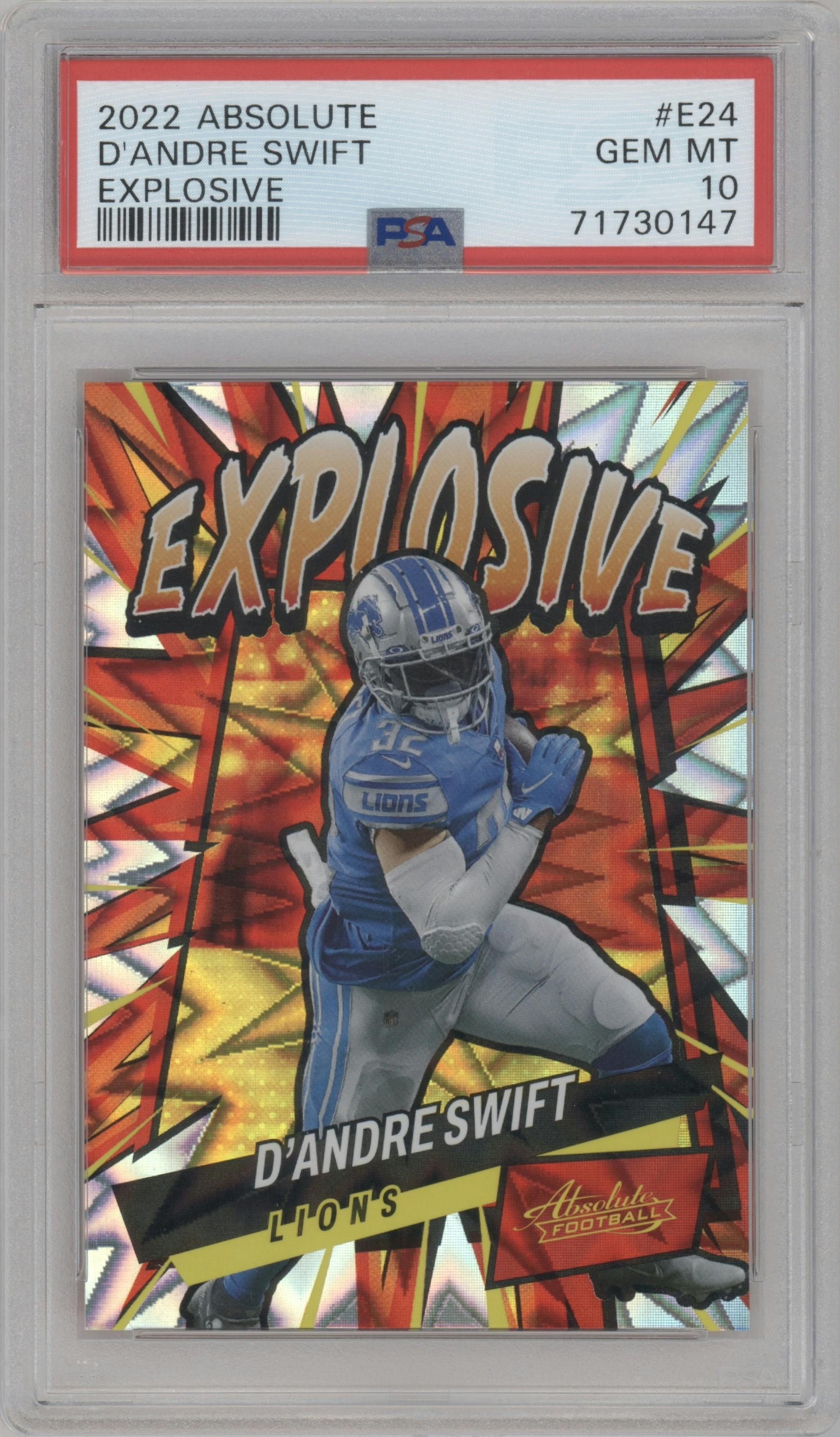 D'Andre Swift from the 2022 Panini Absolute set graded by PSA and given an overall grade of 10.