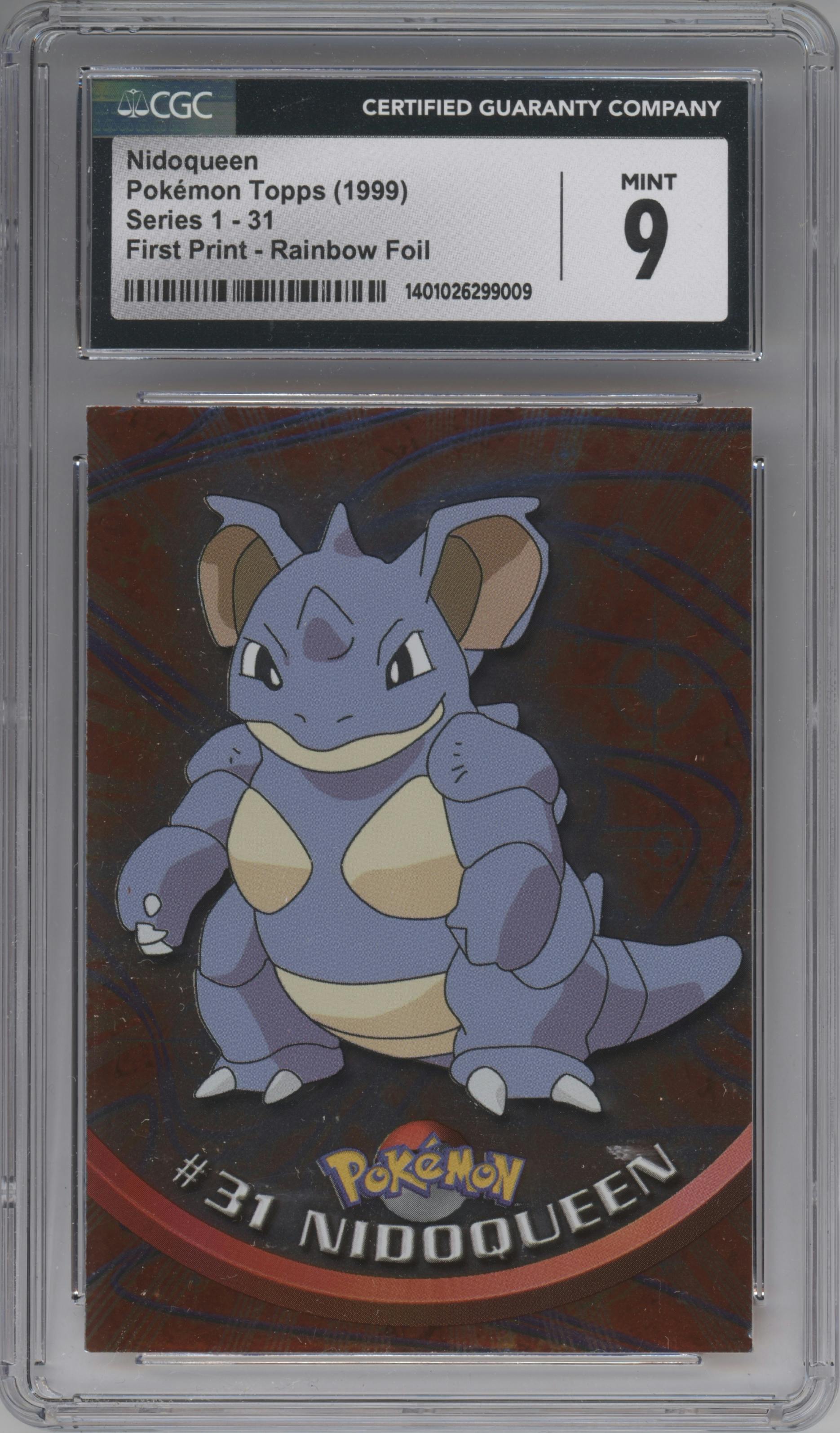 Nidoqueen from the 1999 Pokemon set featuring a Rainbow Foil parallel graded by CSG and given an overall grade of 9.