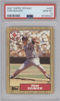 Tom Seaver from the 1987 Topps set featuring a Tiffany parallel graded by PSA and given an overall grade of 10.