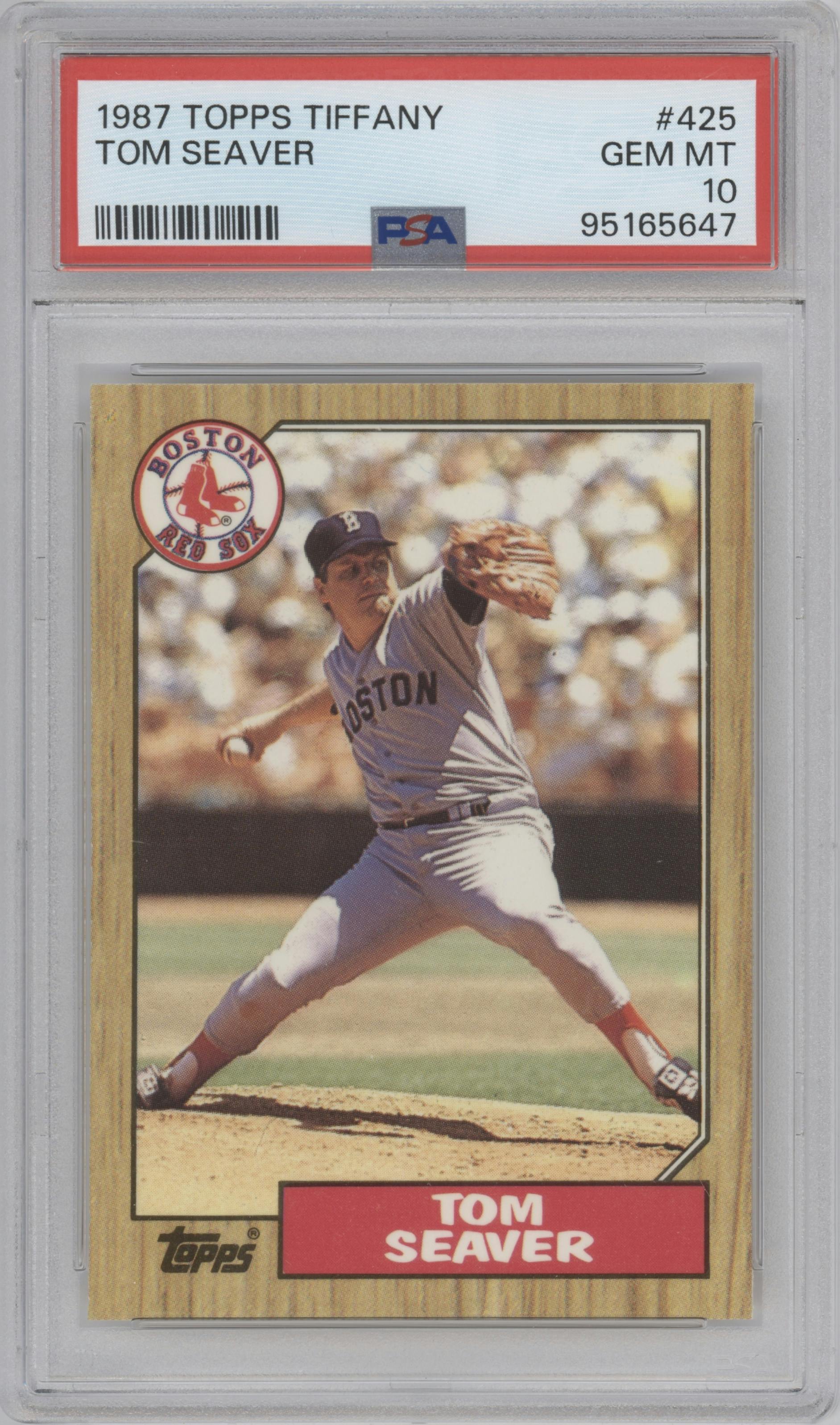 Tom Seaver from the 1987 Topps set featuring a Tiffany parallel graded by PSA and given an overall grade of 10.