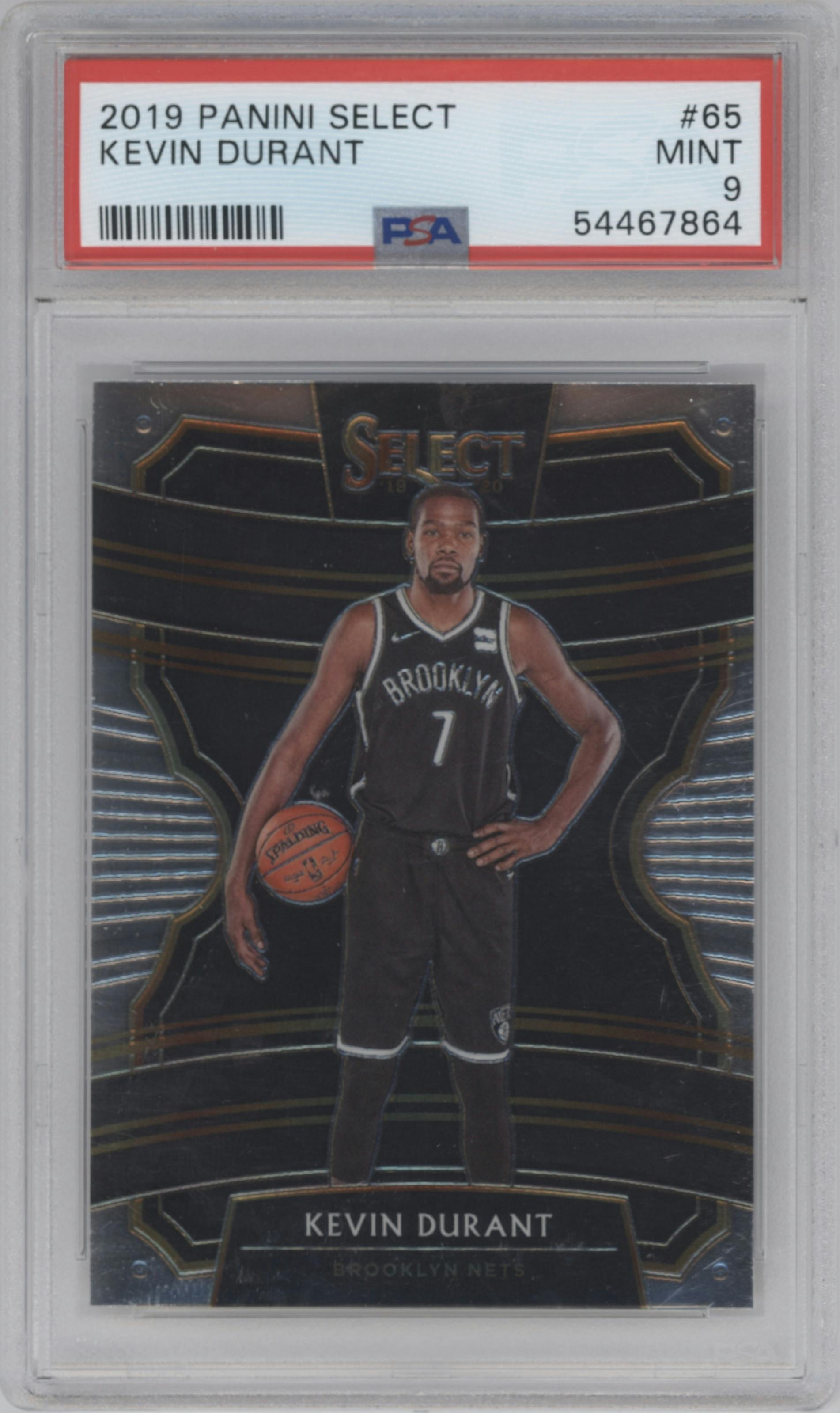 Kevin Durant from the 2019-20 Panini Select set graded by PSA and given an overall grade of 9.