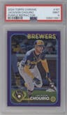 Jackson Chourio from the 2024 Topps Chrome set featuring a Purple Refractor parallel graded by PSA and given an overall grade of 9.