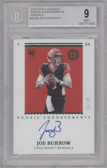 Joe Burrow from the 2020 Panini Encased set featuring a Emerald parallel graded by Beckett and given an overall grade of 9.