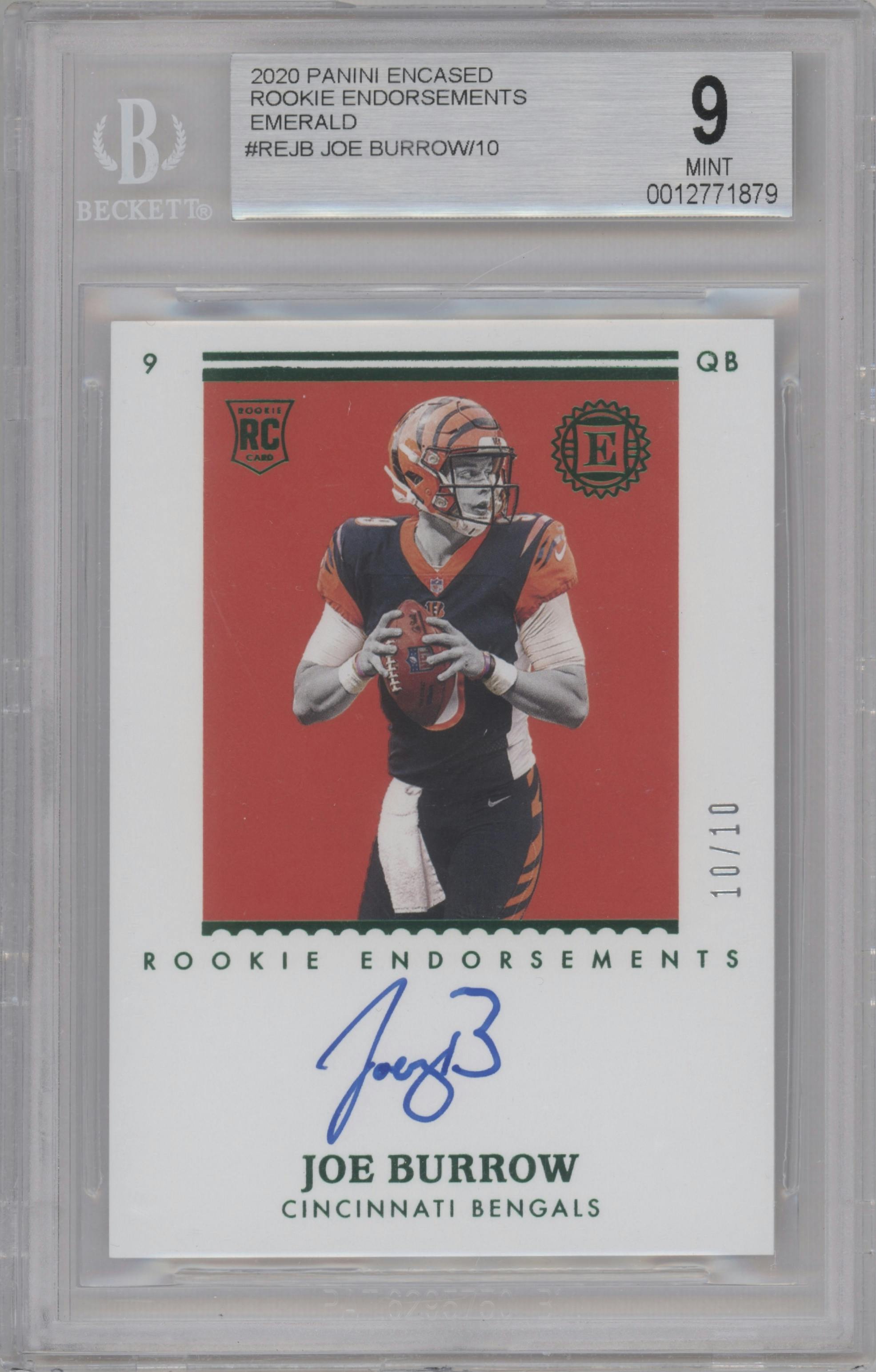 Joe Burrow from the 2020 Panini Encased set featuring a Emerald parallel graded by Beckett and given an overall grade of 9.