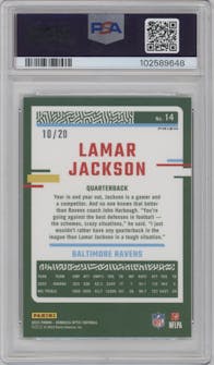 Lamar Jackson from the 2023 Donruss Optic set featuring a Lime Green  parallel graded by PSA and given an overall grade of 10.