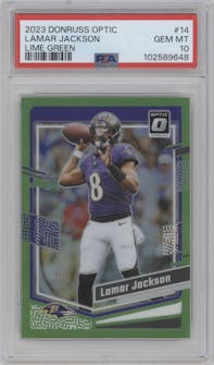 Lamar Jackson from the 2023 Donruss Optic set featuring a Lime Green  parallel graded by PSA and given an overall grade of 10.