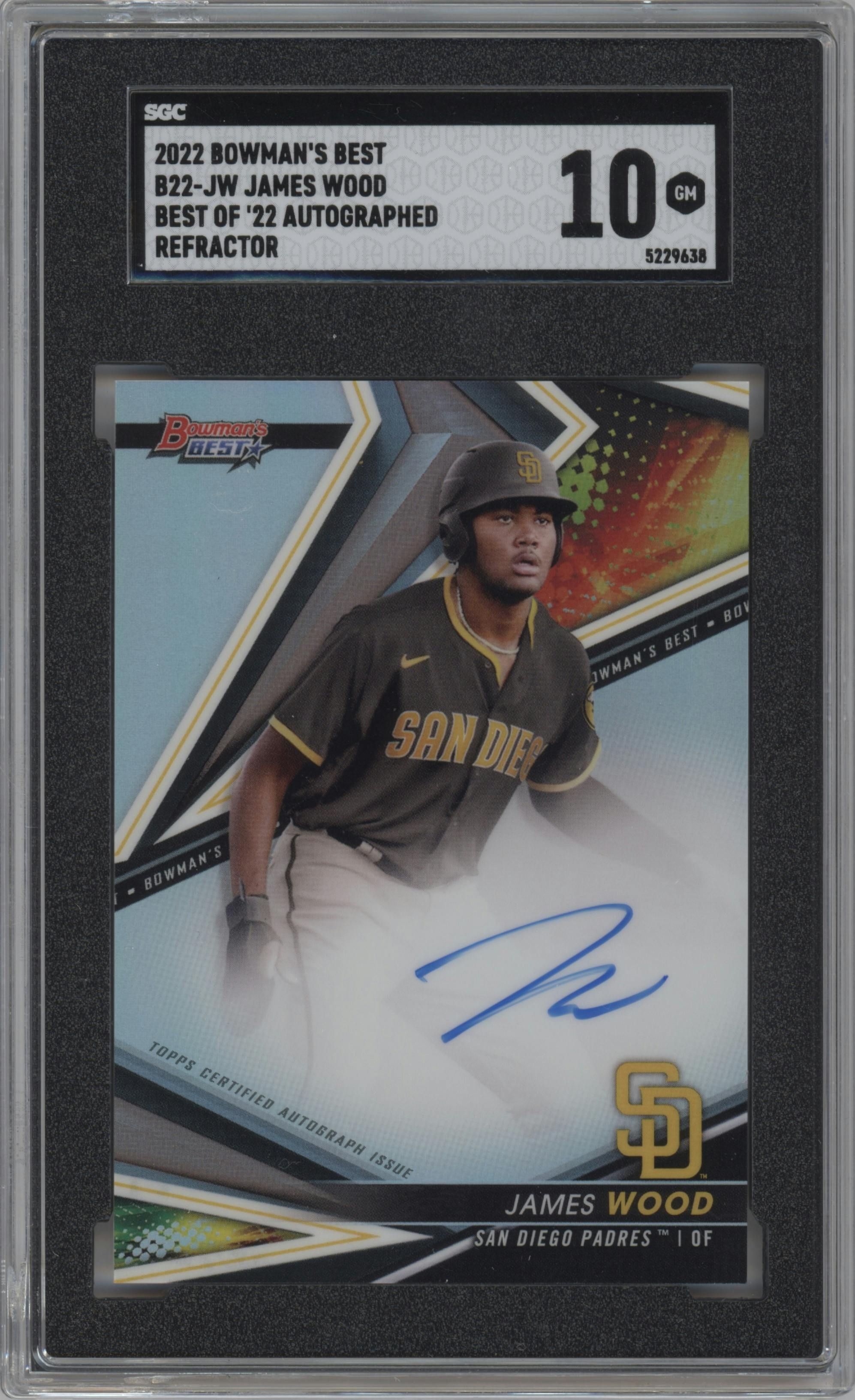 James Wood from the 2022 Bowman’s Best   set featuring a Refractor  parallel graded by SGC and given an overall grade of 10.