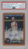 Bobby Witt Jr. from the 2024 Topps Chrome Update set featuring a Orange Refractor parallel graded by PSA and given an overall grade of 10.
