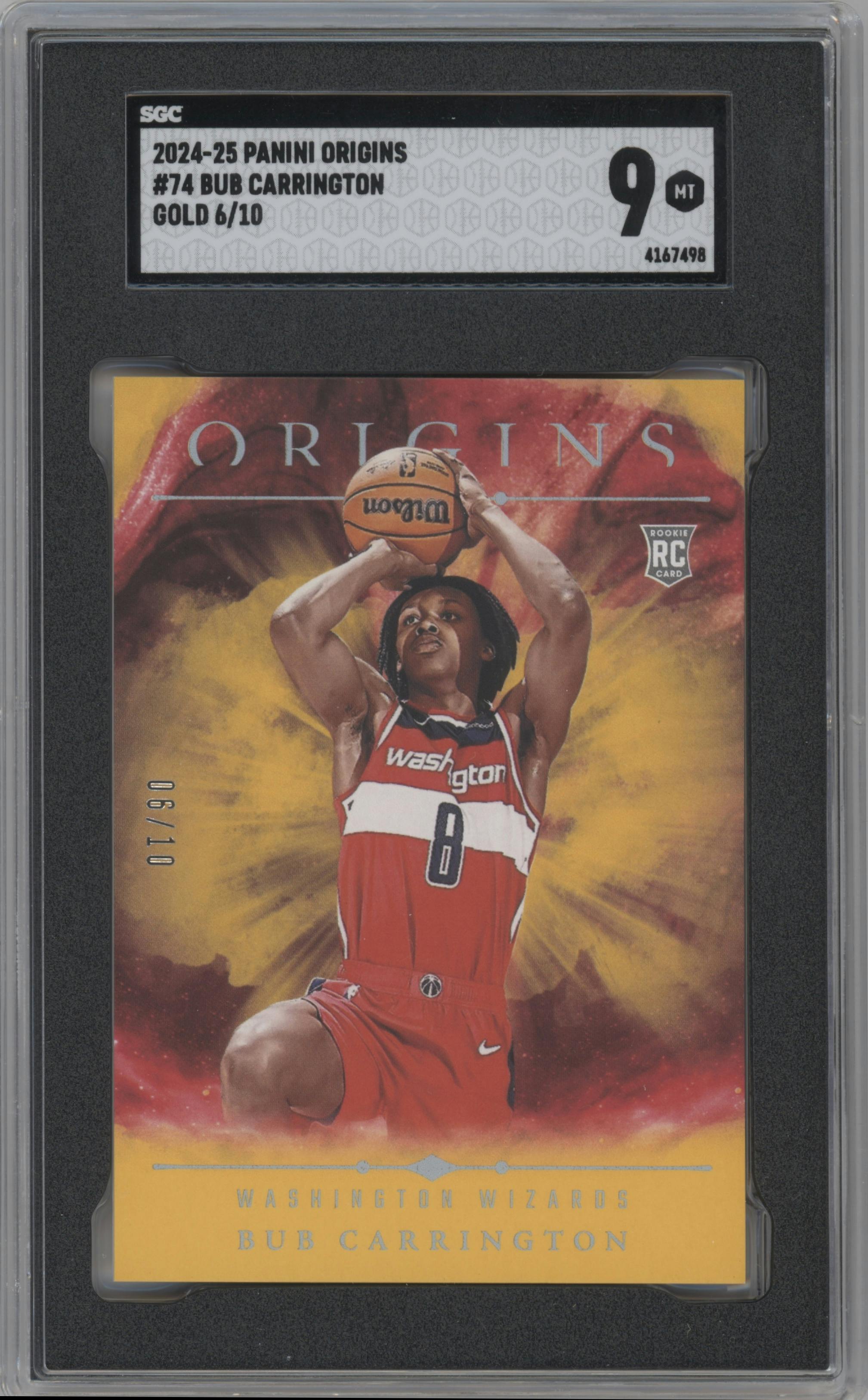 Bub Carrington from the 2024-25 Panini Origins set featuring a Gold parallel graded by SGC and given an overall grade of 9.