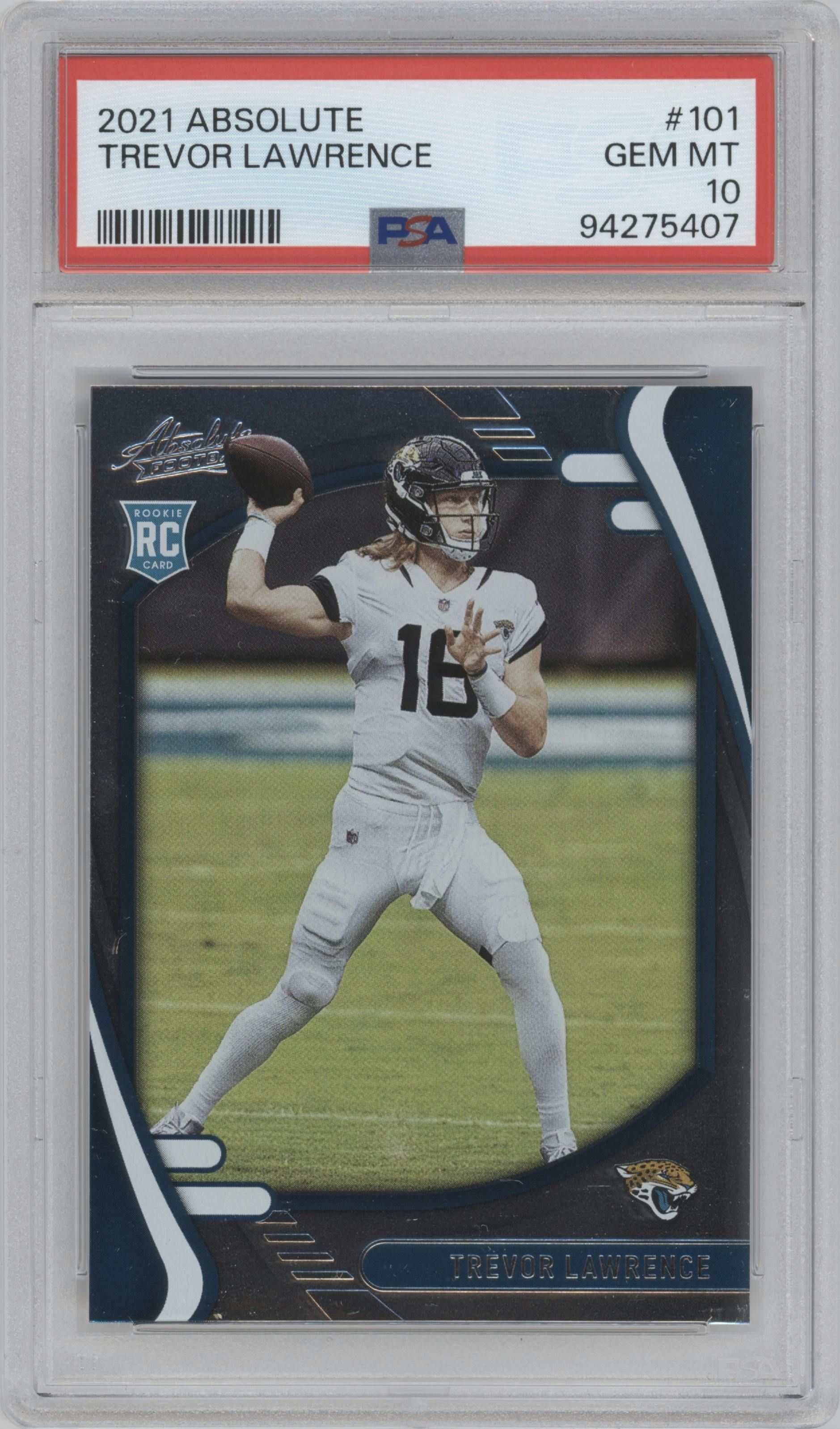 Trevor Lawrence from the 2021 Panini Absolute set graded by PSA and given an overall grade of 10.