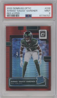Ahmad "Sauce" Gardner from the 2022 Panini Donruss Optic set featuring a Hyper Red parallel graded by PSA and given an overall grade of 9.
