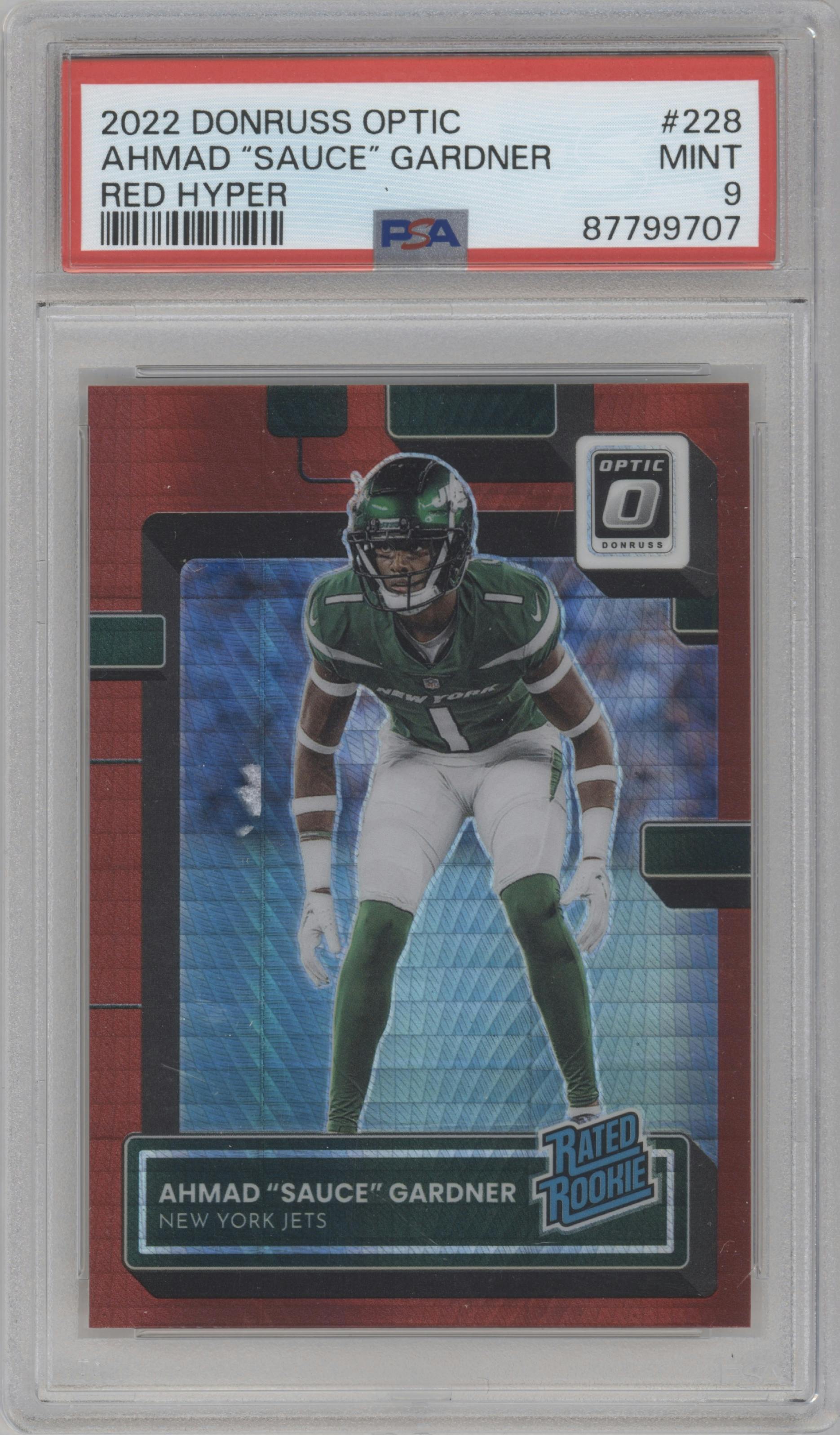 Ahmad "Sauce" Gardner from the 2022 Panini Donruss Optic set featuring a Hyper Red parallel graded by PSA and given an overall grade of 9.