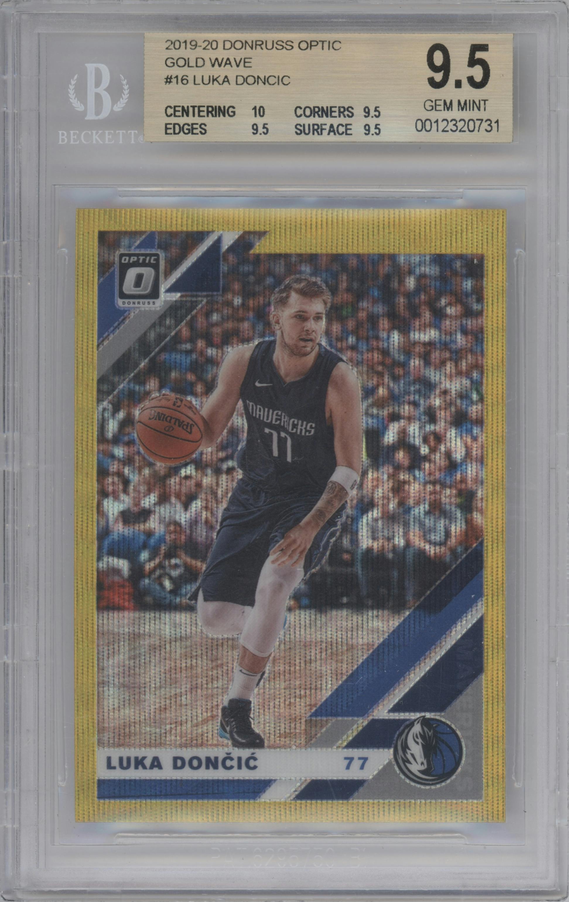 Luka Doncic from the 2019-20 Panini Donruss Optic set featuring a Gold Wave parallel graded by Beckett and given an overall grade of 9.5.