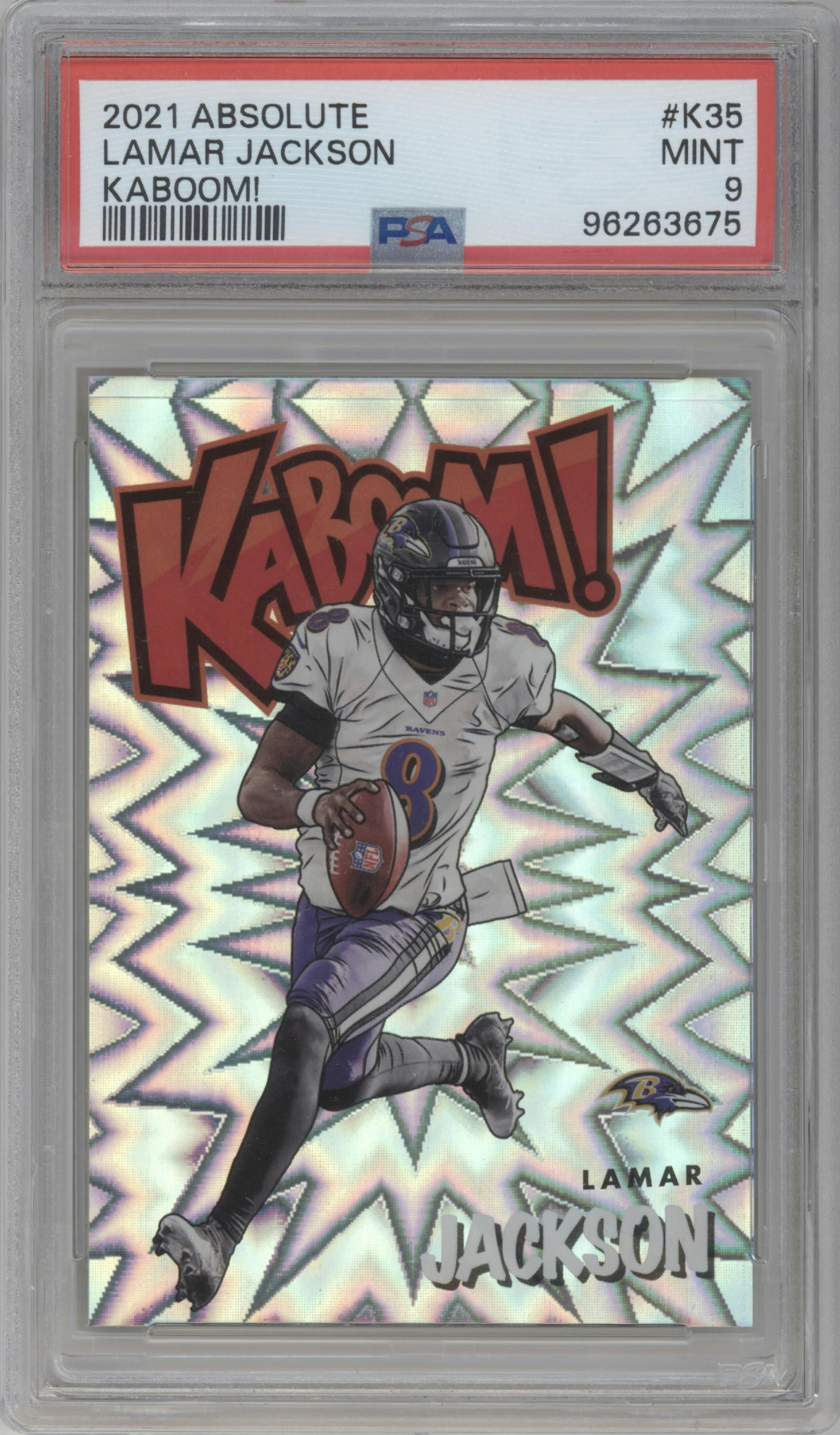 Lamar Jackson from the 2021 Panini Absolute set graded by PSA and given an overall grade of 9.