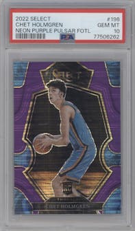  Chet Holmgren from the 2022-23 Panini Select set featuring a Neon Purple Pulsar parallel graded by PSA and given an overall grade of 10.