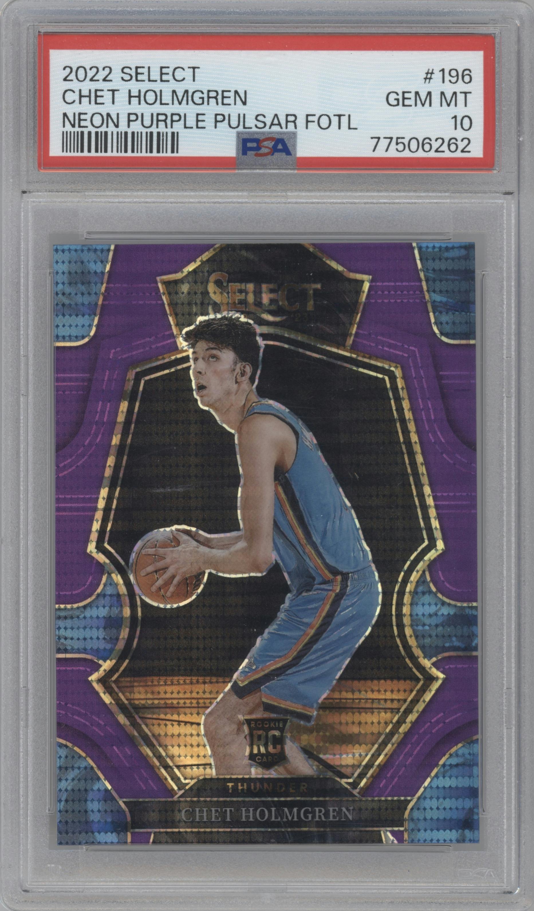  Chet Holmgren from the 2022-23 Panini Select set featuring a Neon Purple Pulsar parallel graded by PSA and given an overall grade of 10.