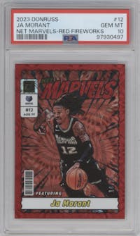Ja Morant from the 2023-24 Panini Donruss set featuring a Red Fireworks parallel graded by PSA and given an overall grade of 10.