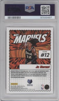 Ja Morant from the 2023-24 Panini Donruss set featuring a Red Fireworks parallel graded by PSA and given an overall grade of 10.
