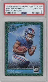 Saquon Barkley from the 2018 Panini Donruss Optic set featuring a Green Velocity parallel graded by PSA and given an overall grade of 10.