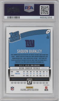 Saquon Barkley from the 2018 Panini Donruss Optic set featuring a Green Velocity parallel graded by PSA and given an overall grade of 10.