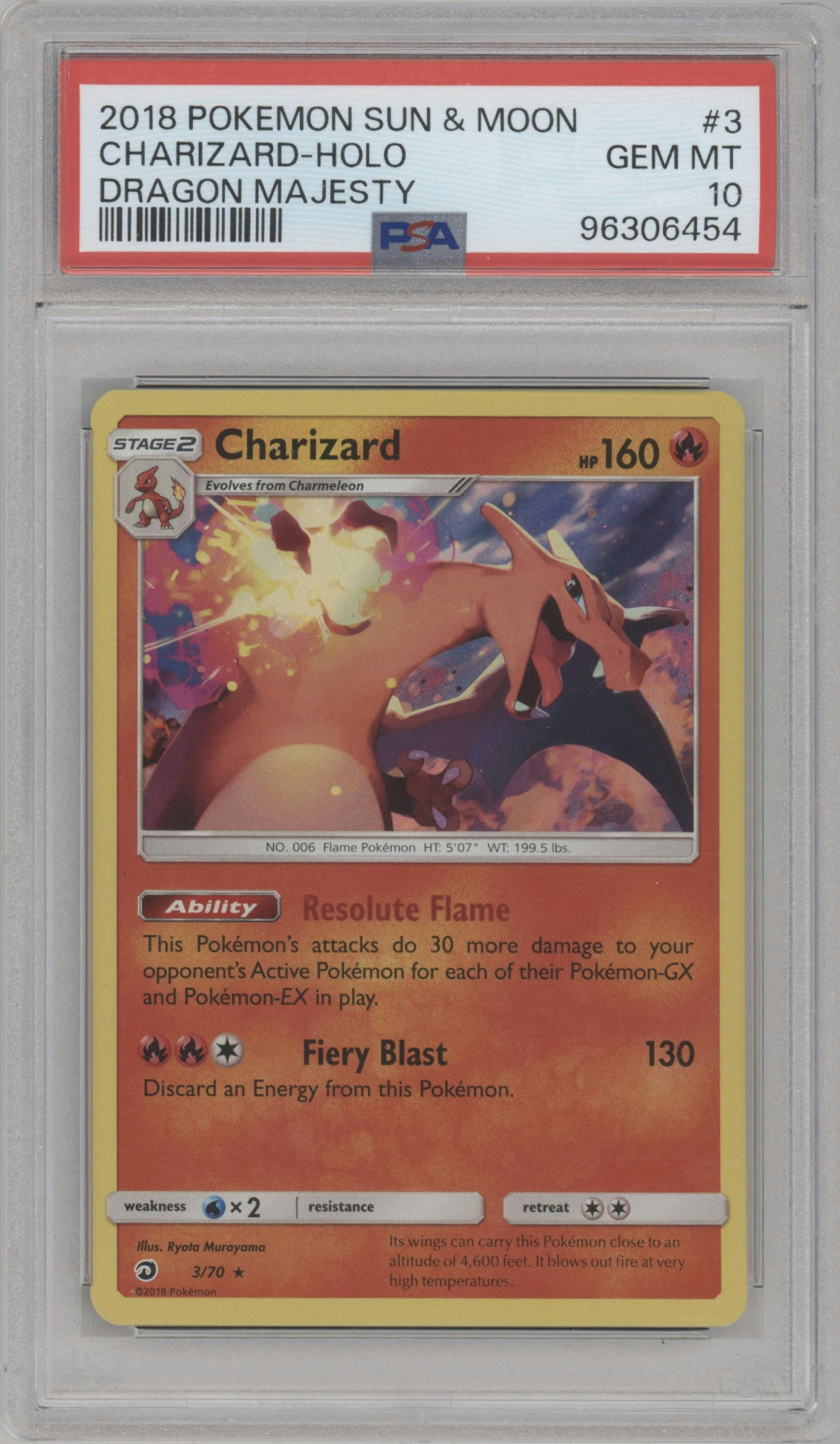 Charizard from the 2018 Pokemon S&M  set graded by PSA and given an overall grade of 10.