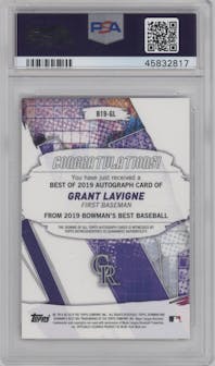 Grant Lavigne from the 2019 Bowman’s Best set featuring a Gold Refractor  parallel graded by PSA and given an overall grade of 10.