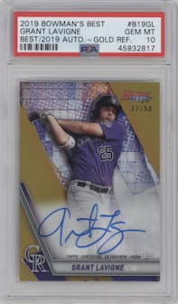 Grant Lavigne from the 2019 Bowman’s Best set featuring a Gold Refractor  parallel graded by PSA and given an overall grade of 10.