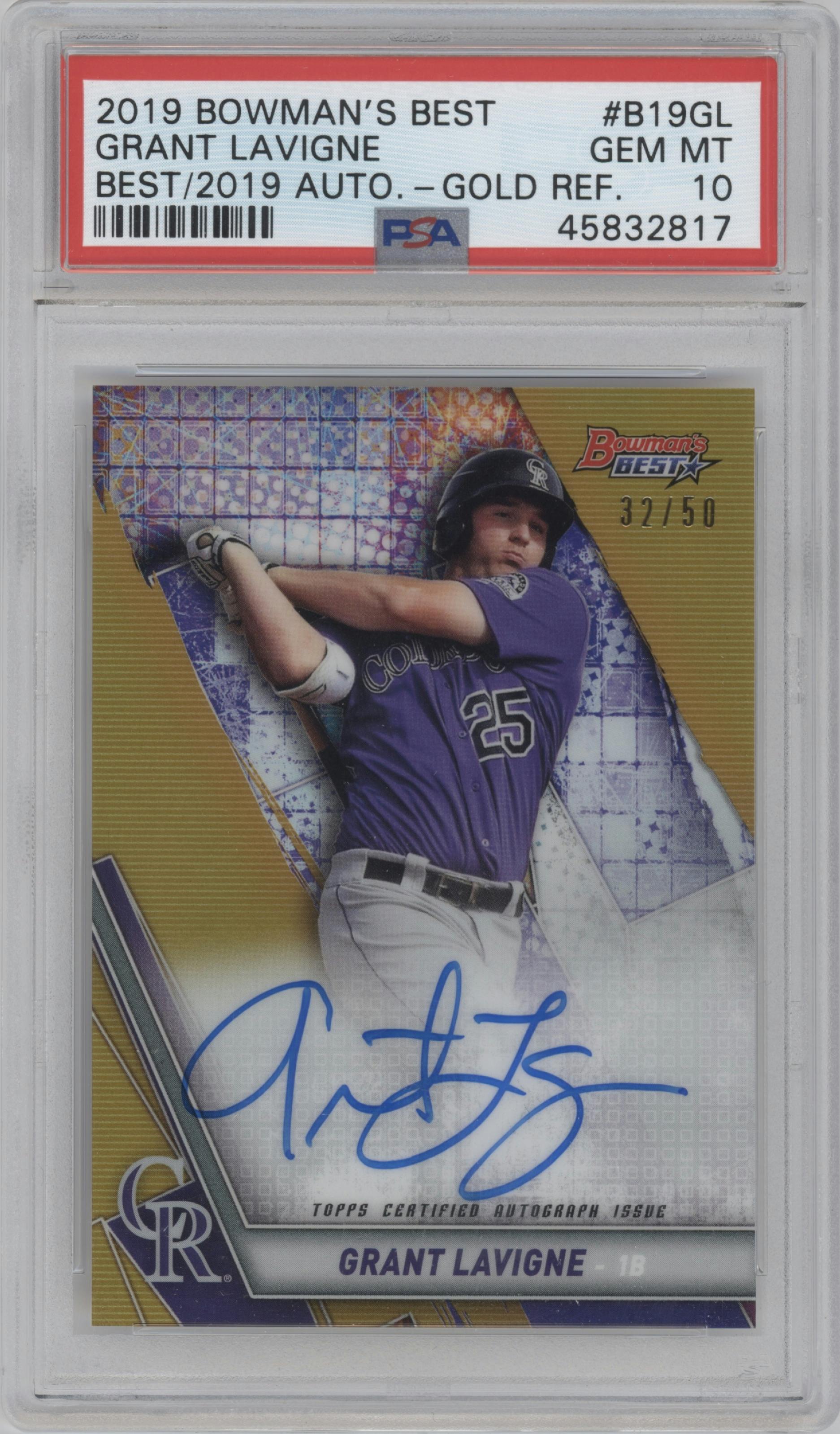 Grant Lavigne from the 2019 Bowman’s Best set featuring a Gold Refractor  parallel graded by PSA and given an overall grade of 10.