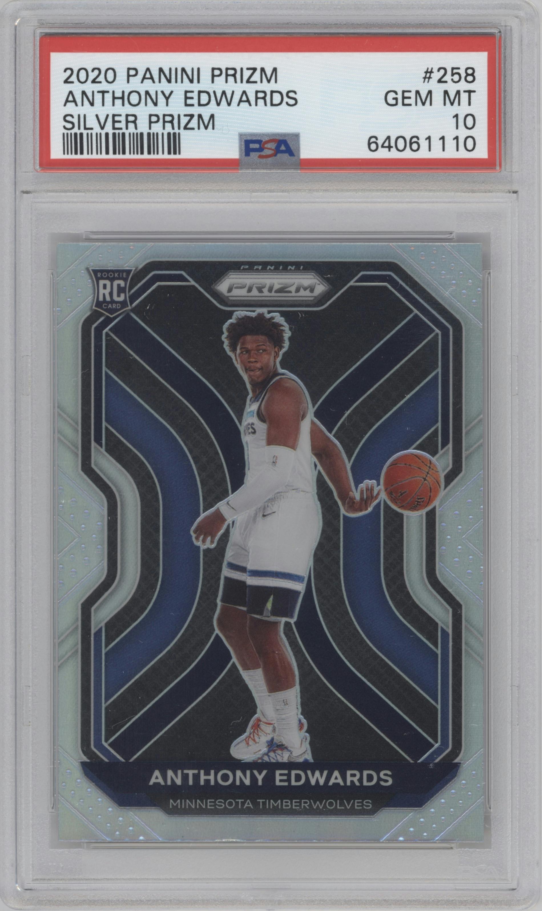 Anthony Edwards from the 2020-21 Panini Prizm set featuring a Silver Prizm parallel graded by PSA and given an overall grade of 10.