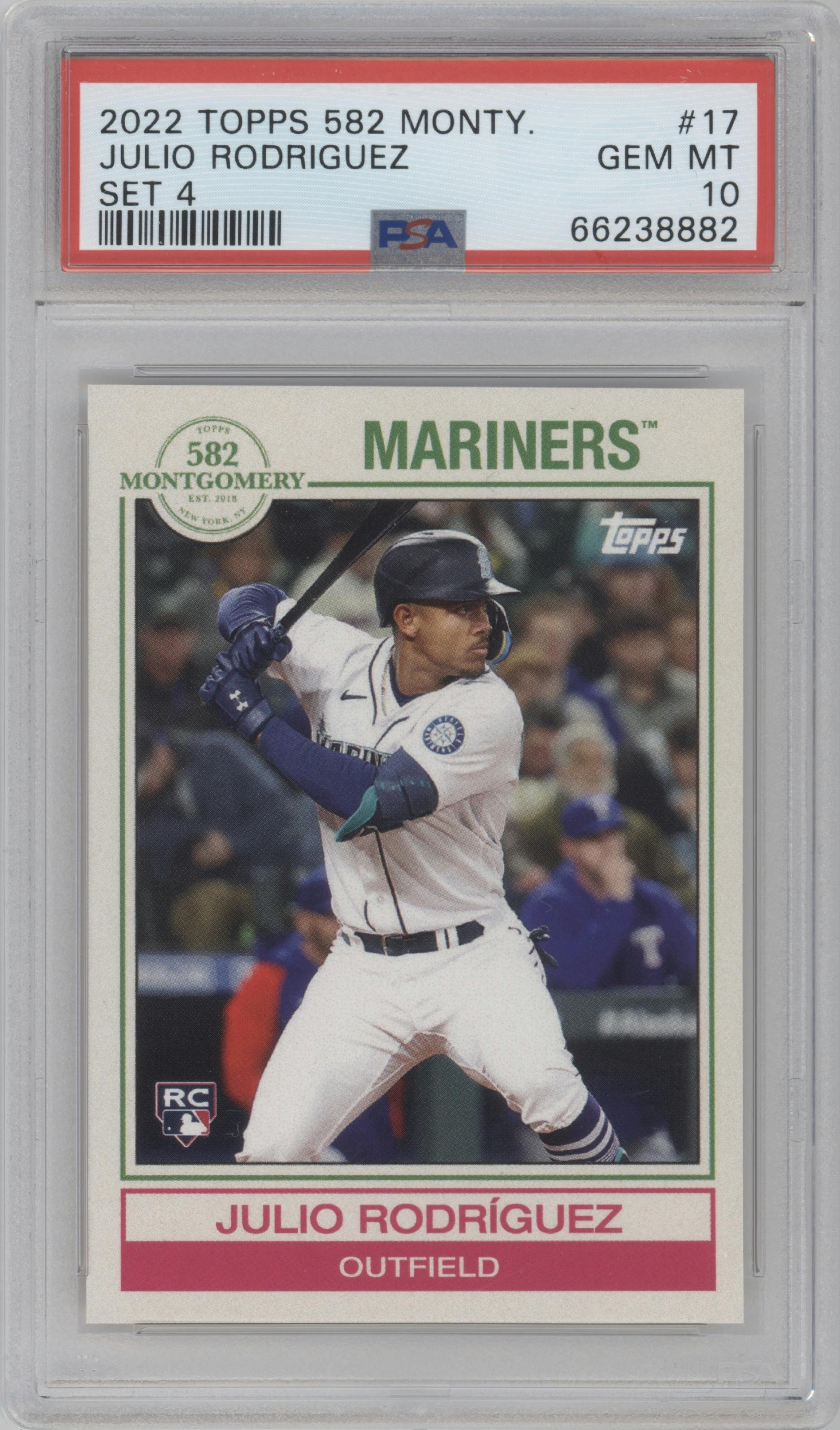 Julio Rodriguez from the 2022 Topps 582 Montgomery Club set graded by PSA and given an overall grade of 10.